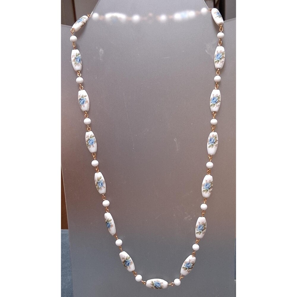 Vintage Blue Roses Glass Bead Necklace - Picture 2 of 7
